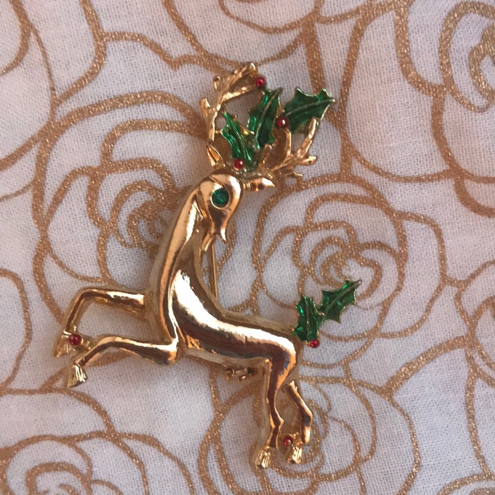 Vintage MCM reindeer and holly Christmas holiday pin brooch gold tone jewel eye